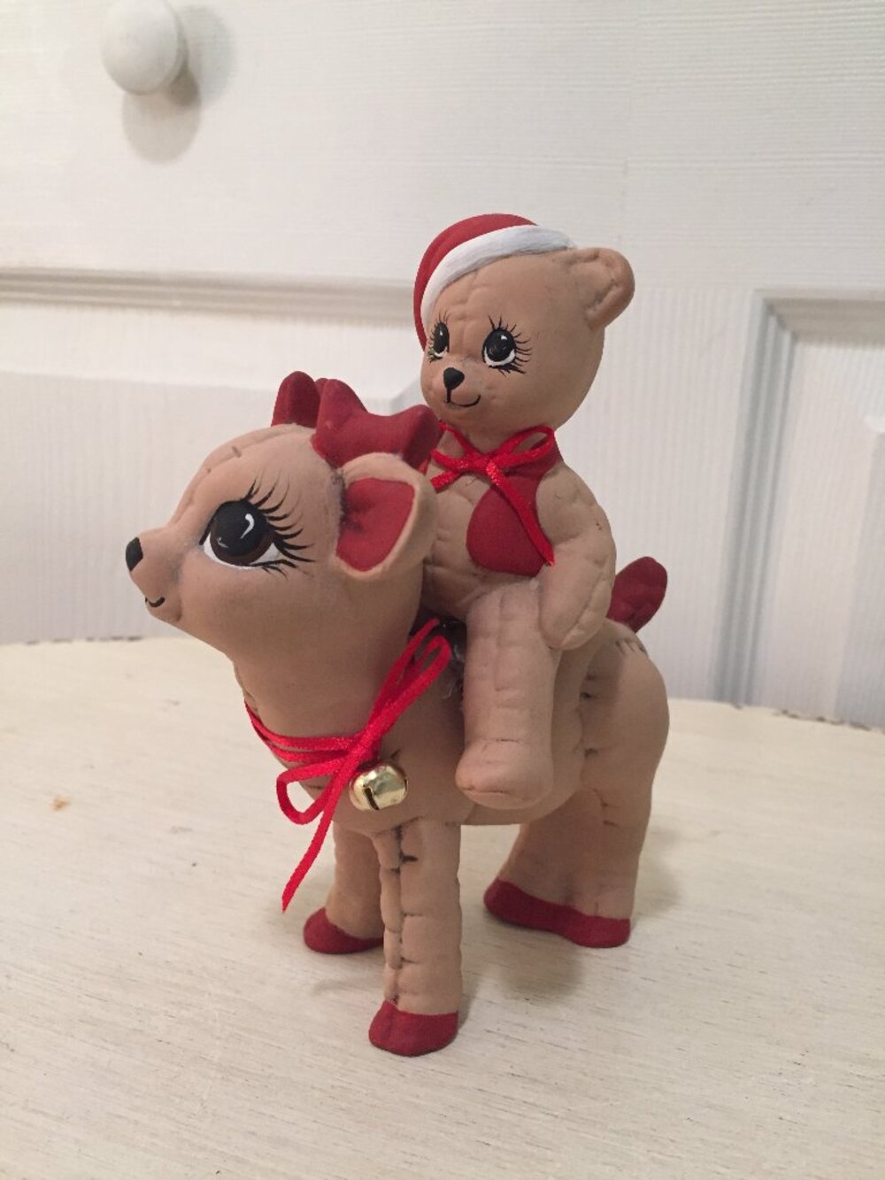 Vintage Kimple Mold Christmas Ceramic Reindeer w/Teddy Bear Figures Hand Painted